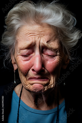 old grandmother is sad and crying. Generative AI. © yanadjan