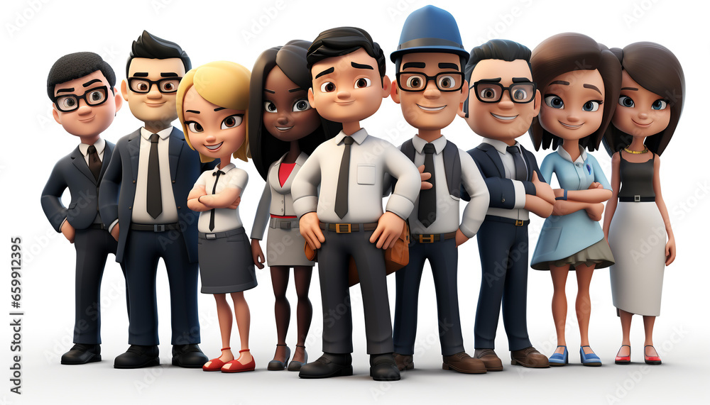 3D cartoon character cute multi ethnic group of young people