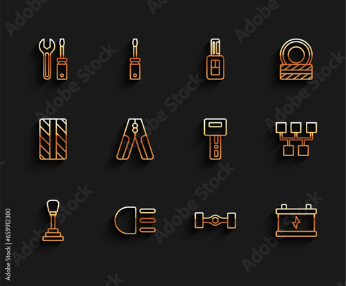 Set line Gear shifter, High beam, Screwdriver and wrench spanner, Chassis car, Car battery, jumper power cable, and key with remote icon. Vector