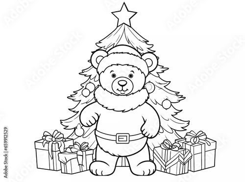 Black and white cute brown bear in Santa Claus costume. Educational printable coloring worksheet. Winter Christmas theme coloring book page activity for kids and adults. 