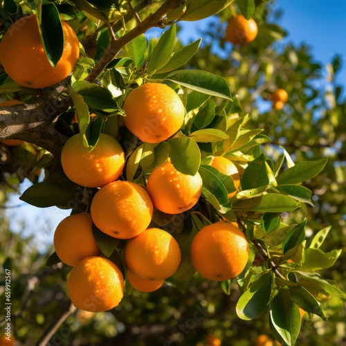 beautiful ripe oranges and tangerines closeup on a tree branch