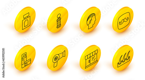 Set line Human hair follicle, Barbershop building, Hair dryer, Shaving gel foam, Hairstyle for men, Classic pole and Aftershave icon. Vector