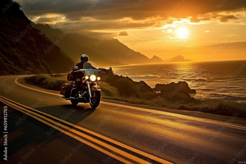 traveling on a motorcycle in nature. a man travels on his motorcycle along the coastal sea road