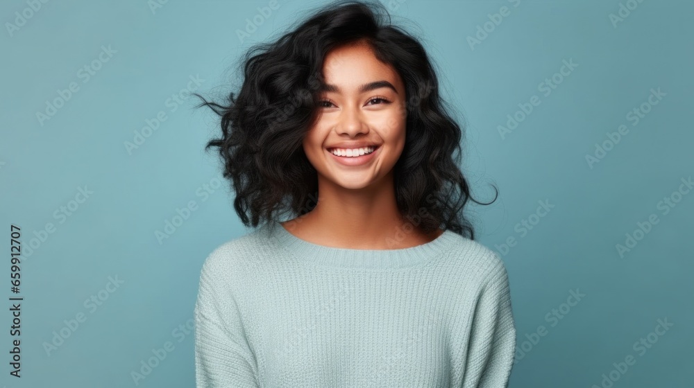 The sheer delight on a young teen's face shines through as she poses against a soft, neutral studio backdrop. The sheer delight on a young teen's face shines through as she poses against a soft, neutral studio backdrop.