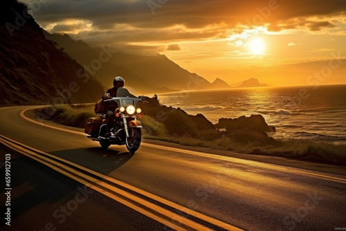 traveling on a motorcycle in nature. a man travels on his motorcycle along the coastal sea road © Aksana