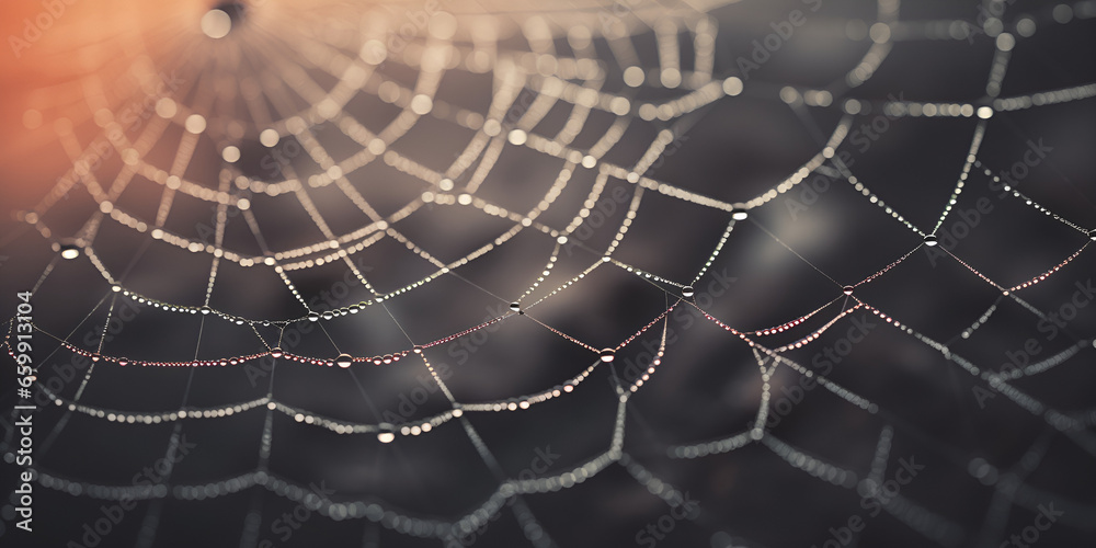 spider web with dew drops, Spider Web in Close Up Photography, Spider web with dew drops in the rays of the setting sungenerative ai

