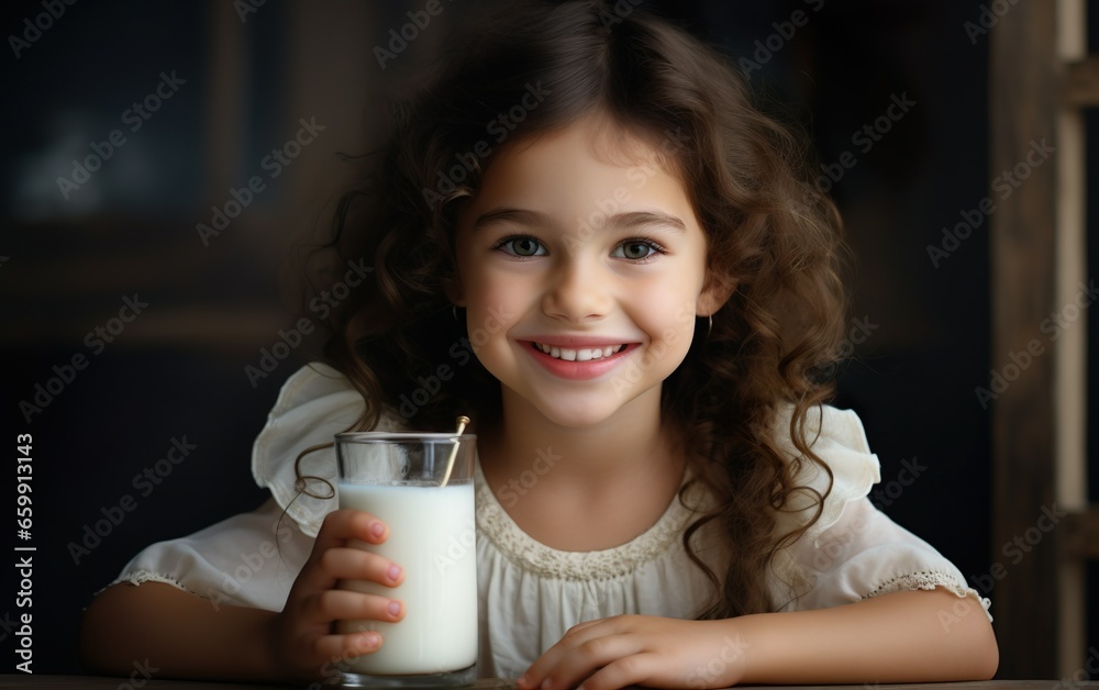 A happy cute girl with a glass of milk. Blurred kitchen background. Organic healthy food concept. A happy cute girl with a glass of milk. Blurred kitchen background. Organic healthy food concept.