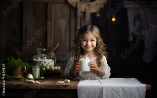A happy cute girl with a glass of milk. Blurred kitchen background. Organic healthy food concept.
