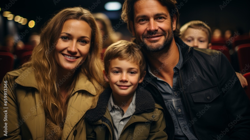 Cheerful family preparing to watch a movie in cinema theater. Father, mother and son spending weekend together. Happy parents and kid enjoying communication and shared leisure time.