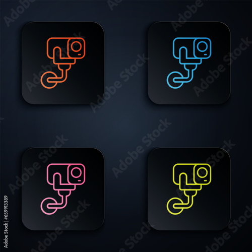 Color neon line Security camera icon isolated on black background. Set icons in square buttons. Vector