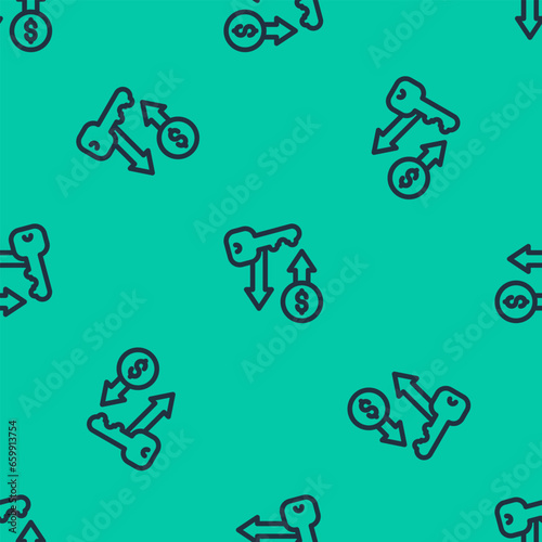 Blue line Rent key icon isolated seamless pattern on green background. The concept of the house turnkey. Vector