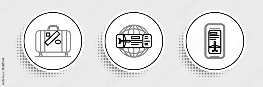 Set line Smartphone with electronic boarding pass airline ticket, Suitcase for travel and stickers and Airline icon. Vector Set line Smartphone with electronic boarding pass airline ticket, Suitcase for travel and stickers and Airline icon. Vector