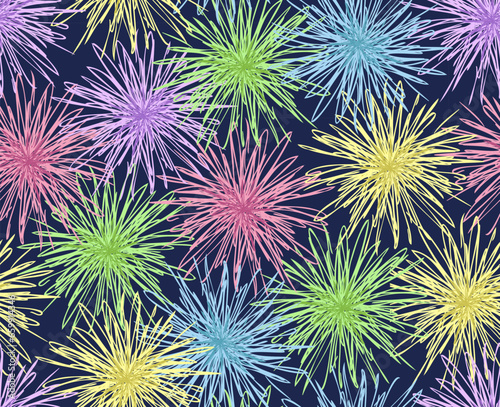 Endless pattern of colorful festive fireworks or fuzzy pom poms