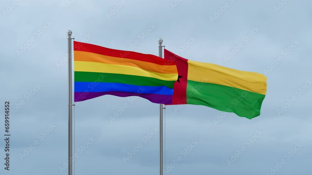 Guinea-Bissau flag and LGBT movement also Gay Pride flag waving together on cloudy sky, endless seamless loop, two country relations concept