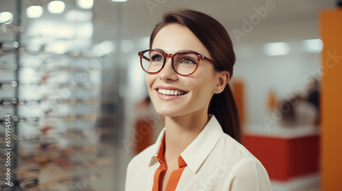A young woman chooses on glasses in an optics store.