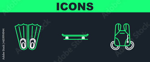 Set line Parachute, Rubber flippers for swimming and Skateboard icon. Vector