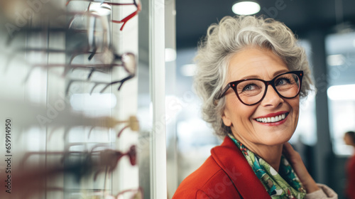 Senior woman chooses on glasses in an optics store.