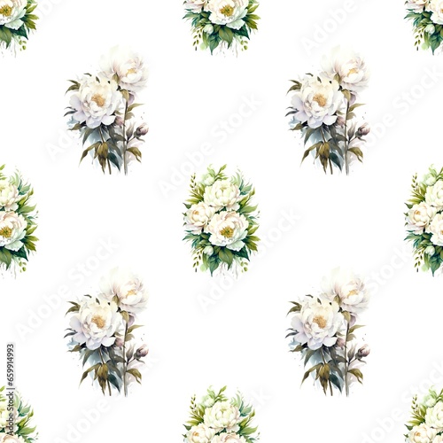 Watercolor seamless pattern with many white peonies on white background. © Hanna