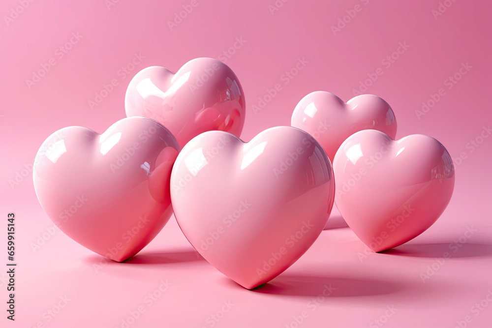 Love shape on pink background. 3D symbols of love for Happy Women's, Mother's, Valentine's Day, birthday greeting card design
