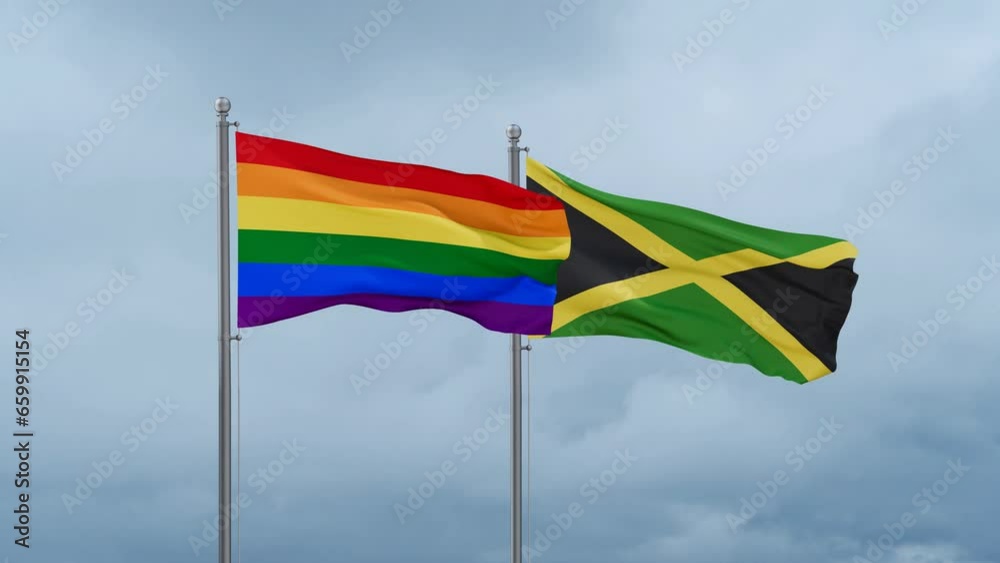 Jamaica and LGBT movement also Gay Pride flag waving together on cloudy sky, endless seamless loop, two country cooperation concept Jamaica and LGBT movement also Gay Pride flag waving together on cloudy sky, endless seamless loop, two country cooperation concept