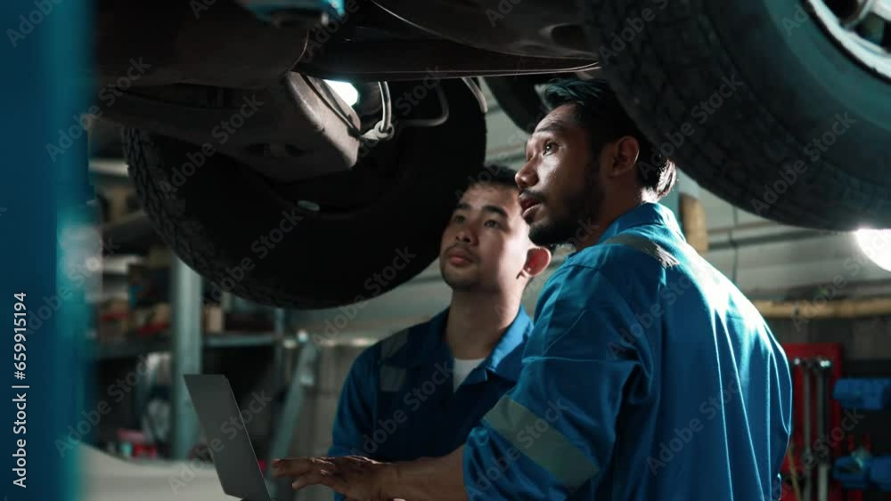 Car repair technicians at a complete garage, sending cars to the center, professional car inspections, car maintenance, professional car mechanics. Concepts of car inspection and repair. Car repair technicians at a complete garage, sending cars to the center, professional car inspections, car maintenance, professional car mechanics. Concepts of car inspection and repair.