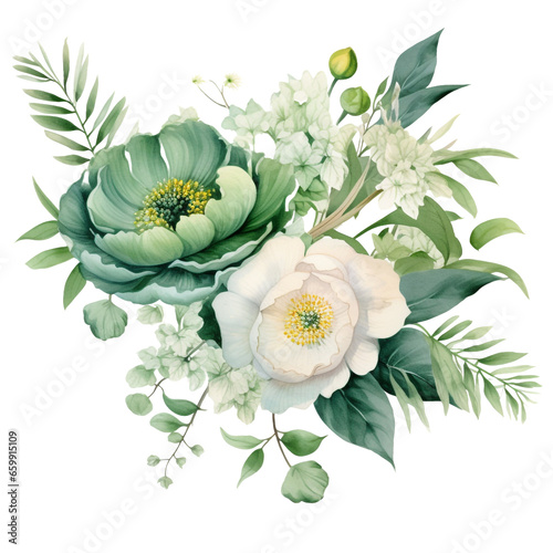 Fototapeta Naklejka Na Ścianę i Meble -  Green watercolor flowers isolated on white background, no background, png