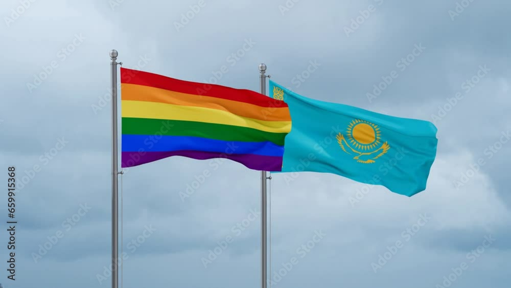 Kazakhstan and LGBT movement also Gay Pride flag waving together on cloudy sky, endless seamless loop, two country cooperation concept Kazakhstan and LGBT movement also Gay Pride flag waving together on cloudy sky, endless seamless loop, two country cooperation concept