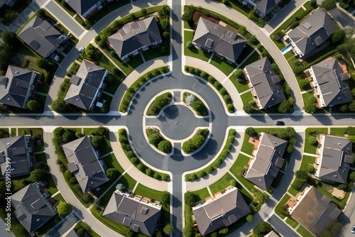 An aerial view reveals the meticulous layout of a gated community in a suburban area, with uniform houses and pristine lawns