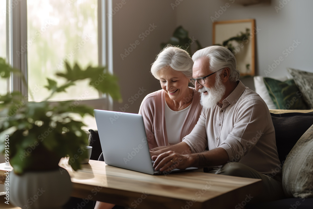 An elderly couple in their living room, attentively browsing downsizing options on an open laptop - obrazy, fototapety, plakaty 