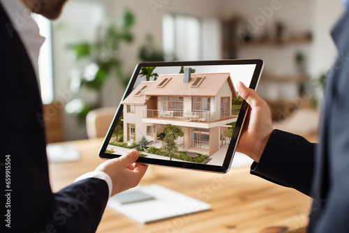 A realtor holds a tablet showing a virtual house tour to a young couple interested in buying a home