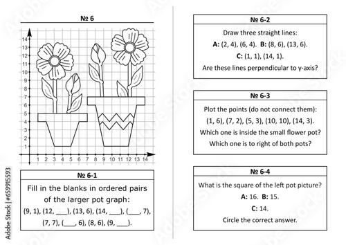 Coordinate plane learning quiz questions set 6. Two-page activity set. Educational math puzzles. No-prep, fun, engaging. Black and white, printable and photocopiable.
 photo