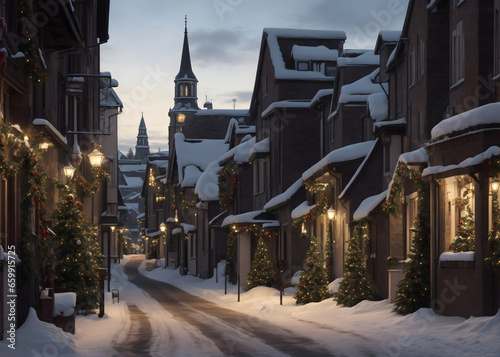 A Beautiful illustration of Snow capped Houses and Cook pine trees on either sides of the road with street lights on a Chirstmas evening.