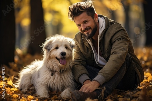A man sitting next to a white dog in the leaves. Imaginary AI picture.