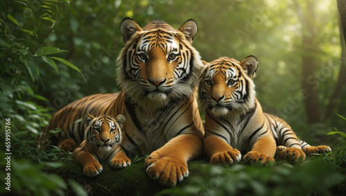 A Dramatic Wildlife picture of a Bengal Tigress and her cute Cubs in fine detail relaxing in the rain forests of India..