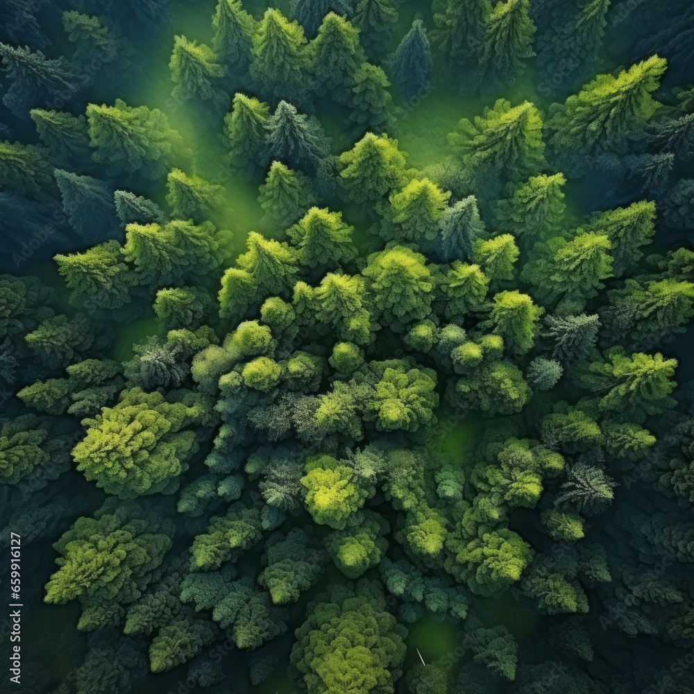 Beautiful green summer forest in the morning directly overhead. The forest landscape is seen from above. Aerial shot of summer woods. Drone shot nature composition. Beautiful natural landscape.
