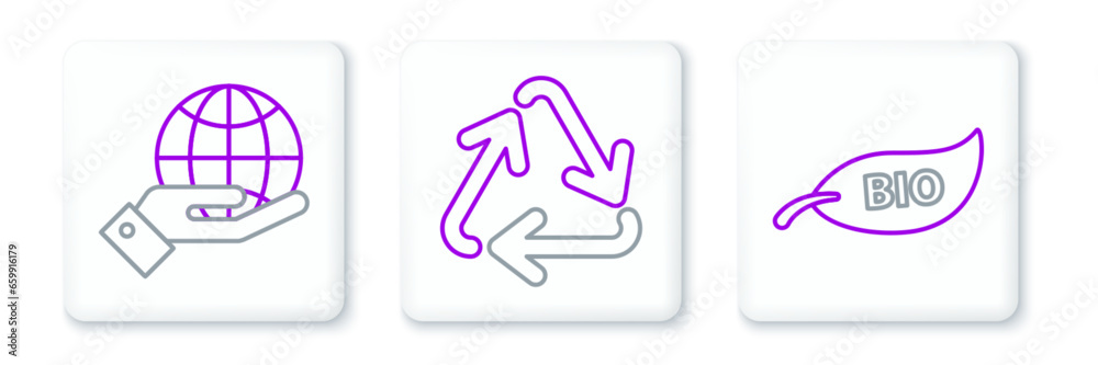 Set line Leaf Bio symbol, Human hands holding Earth globe and Recycle icon. Vector Set line Leaf Bio symbol, Human hands holding Earth globe and Recycle icon. Vector