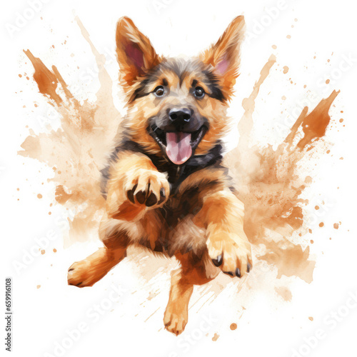 Watercolor paint of playful young german shepherd in front of white background