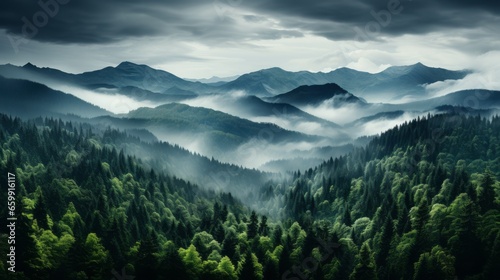 Beautiful summer forest covered in fog early in the morning. Forest landscape with thick mist from above. Aerial shot of summer woods. Drone shot nature composition. Beautiful natural landscape. © Valua Vitaly