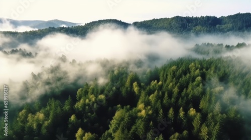 Beautiful summer forest covered in fog early in the morning. Forest landscape with thick mist from above. Aerial shot of summer woods. Drone shot nature composition. Beautiful natural landscape. © Valua Vitaly