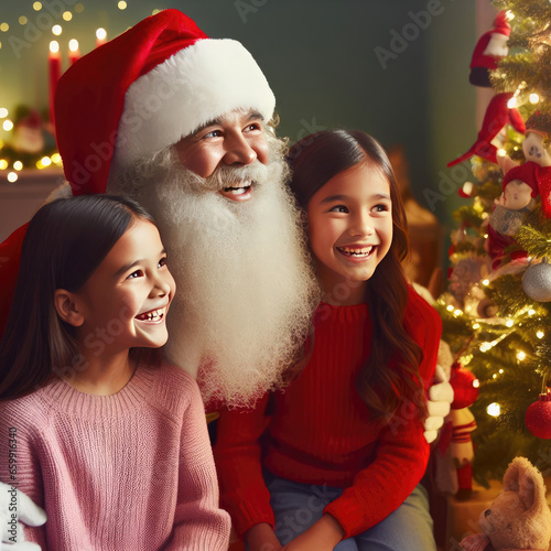 Children smiling happily next to Santa Claus  Christmas celebration  Culture and Religion concept  generative ai 