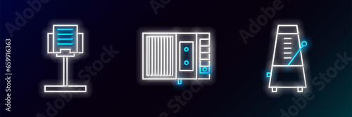 Set line Metronome with pendulum in motion, Music stand and tape player icon. Glowing neon. Vector