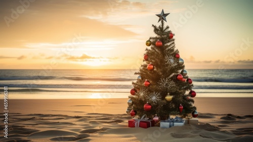 Beach with a Christmas tree. Celebrating Christmas on the beach