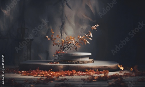 Two staged stone podium platform in studio for product presentation on the autumn styled background. 