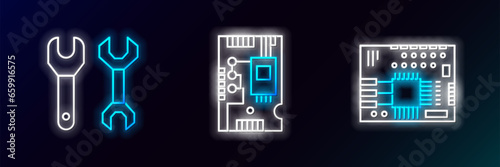 Set line Printed circuit board PCB, Spanner and Electronic computer components motherboard digital chip icon. Glowing neon. Vector