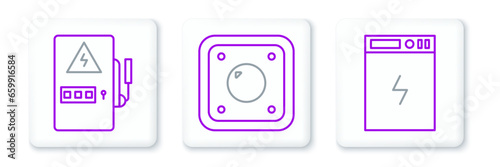 Set line Power bank, Electrical panel and light switch icon. Vector