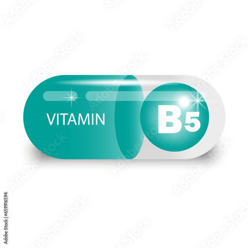 Vitamin B5 in green capsule. Health pill. Vector illustration. EPS 10.