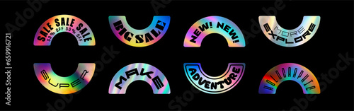 Holographic sticker set. Vector iridescent foil adhesive film, holography labels mockup and realistic holographic textures