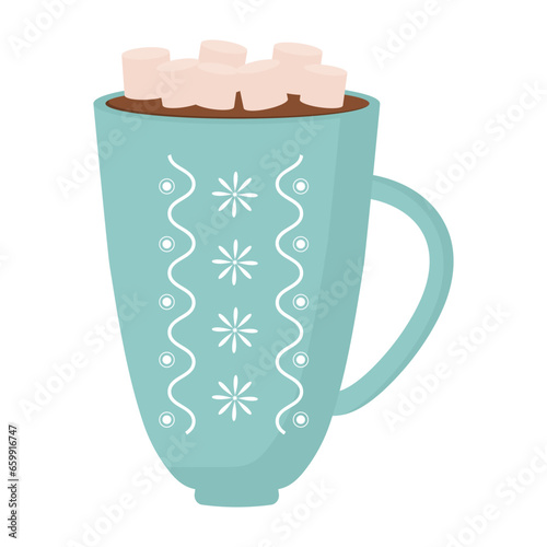Cute winter mug with hot drinks cocoa, coffee, cappuccino, decor and cream. Christmas holiday coffee cup for card, sticker, invitation.