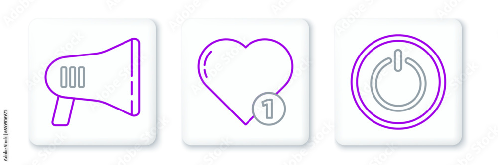 Set line Power button, Megaphone and Like and heart icon. Vector Set line Power button, Megaphone and Like and heart icon. Vector