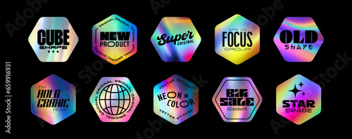 Set of holographic stickers for hexagon shape. Vector illustration with iridescent in y2k style. Holographic futuristic labels. Vector illustration